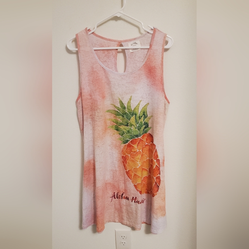 Kai Wahine Women's Hawaiian Pineapple Print Tank Top Dress Cover Up Pink Size XL